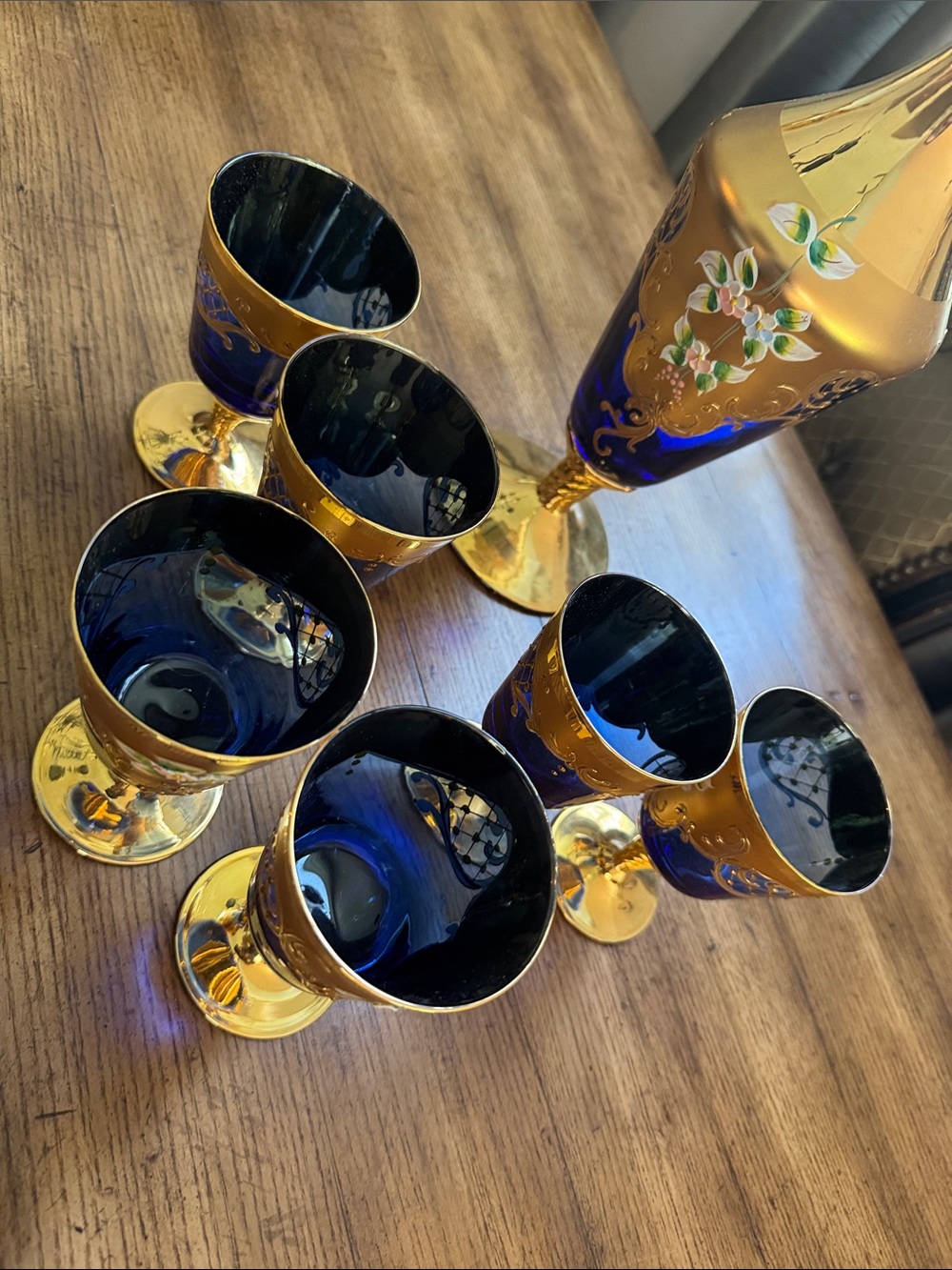 MURANO Venice Italy Blue Glass Decanter Set 7 | 6 Wine Glasses 24kt Gold Leaf - Picture 8 of 10